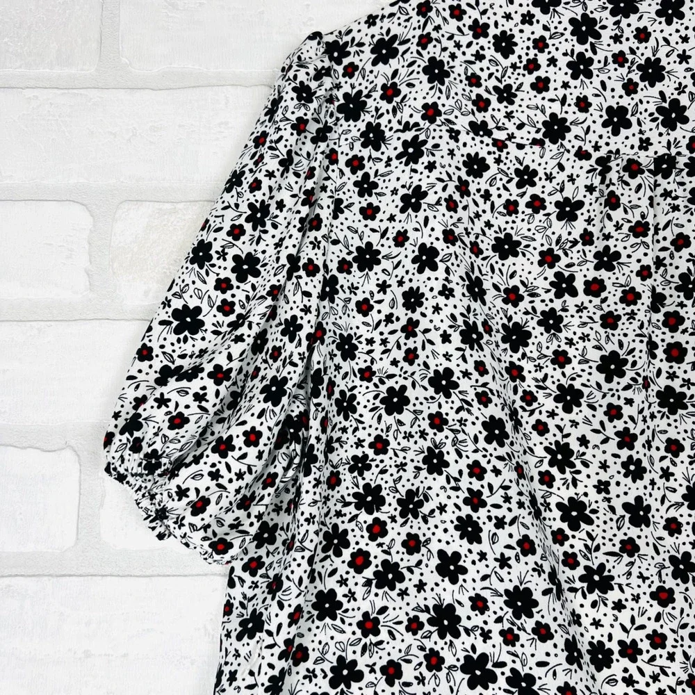 Zara Womens Floral Wrap Top White Black Red Ditsy Puff Sleeve Blouse Medium